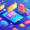 Концепция платформенной экономики с элементами цифровых технологий, таких как смартфоны, корзины покупок и значки скидок