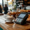 POS-терминал на столе в кафе, рядом с чашкой кофе и свежей выпечкой