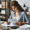 Сотрудница внимательно изучает документы по бухгалтерскому учету