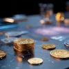Стол с различными криптовалютными монетами и гаджетами, на фоне которых виден блокчейн, символизирующий технологические достижения и инновации в мире финансов Стол с различными криптовалютными монетами и гаджетами, на фоне которых виден блокчейн, символизирующий технологические достижения и инновации в мире финансов