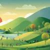 Красивый пейзаж, на котором изображены люди, занимающиеся различными активностями, символизирующие разнообразие целевой аудитории и их интересы