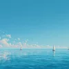 Красивый пейзаж с чистым голубым океаном и безмятежным небом, символизирующий спокойствие и отсутствие конкуренции, с небольшими парусниками на горизонте, создающими атмосферу новых возможностей