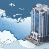 Красивое изображение современного офисного здания или бизнес-центра на фоне карты России с выделенными регионами, символизирующее территориальный учет и регистрацию юридических лиц
