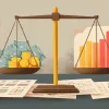 Иллюстрация с изображением весов, на одной чаше которых лежат деньги, а на другой — документы и графики, символизирующая баланс между рисками и выгодами кредитования. Иллюстрация с изображением весов, на одной чаше которых лежат деньги, а на другой — документы и графики, символизирующая баланс между рисками и выгодами кредитования.