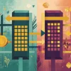 Иллюстрация с абстрактной схемой двойной бухгалтерской записи: две колонки с дебетом и кредитом, соединённые стрелками, на фоне финансовых иконок (монеты, графики, документы) Иллюстрация с абстрактной схемой двойной бухгалтерской записи: две колонки с дебетом и кредитом, соединённые стрелками, на фоне финансовых иконок (монеты, графики, документы)