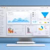 Современный цифровой интерфейс CRM-системы с визуализацией воронки продаж, отчётов и задач на экране монитора с яркими графиками и иконками.