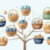 Инфографика с изображением множества корзин и яиц, символизирующая диверсификацию кредитного портфеля и разумное распределение рисков.