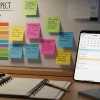 Атмосферное изображение рабочего пространства с инструментами тайм-менеджмента: канбан-доска, стикеры, мобильное приложение с календарём и задачами, подчеркивающее организацию и эффективность. Атмосферное изображение рабочего пространства с инструментами тайм-менеджмента: канбан-доска, стикеры, мобильное приложение с календарём и задачами, подчеркивающее организацию и эффективность.