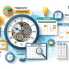 Красочная инфографика с изображением часов, календаря и элементов планирования времени, символизирующая управление временем и тайм-менеджмент.