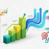 Красочная инфографика с графиками роста, денежными потоками и иконками бизнес-процессов, символизирующая прогнозирование, анализ рисков и принятие решений на основе финансовой модели.