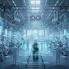 Иллюстрация автоматизированного производственного цеха с роботами и цифровыми панелями управления, подчеркивающая важность инноваций и цифровизации в современном производстве.