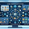Изображение цифровой платформы с иконками товаров, логистики и финансов, отражающее сложную экосистему маркетплейсов.