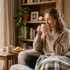 Молодой женщина в уютной домашней обстановке с чашкой кофе наслаждается напитком