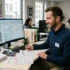 Исполнитель налоговой поддержки работает в офисе за компьютером с отчетами и налоговыми документами Исполнитель налоговой поддержки работает в офисе за компьютером с отчетами и налоговыми документами