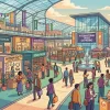 Иллюстрация современного торгового центра или ярмарки с разнообразными торговыми точками и покупателями, символизирующая сферу торговли и торговый сбор Иллюстрация современного торгового центра или ярмарки с разнообразными торговыми точками и покупателями, символизирующая сферу торговли и торговый сбор