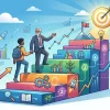 Иллюстрация с изображением лестницы, ведущей вверх, где каждая ступень символизирует этапы развития бизнеса и достижения целей под руководством ментора Иллюстрация с изображением лестницы, ведущей вверх, где каждая ступень символизирует этапы развития бизнеса и достижения целей под руководством ментора