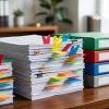 Красиво оформленные стопки документов и папок с яркими закладками, символизирующие порядок и системность в ведении бухгалтерии и документооборота.