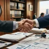 Изображение рукопожатия на фоне документов и часов, символизирующее успешное согласование условий и своевременное заключение сделки. Изображение рукопожатия на фоне документов и часов, символизирующее успешное согласование условий и своевременное заключение сделки.