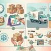 Креативная инфографика с иконками поставки товаров: грузовик, коробки с выпечкой, часы и календарь, символизирующая сроки и условия поставки. Креативная инфографика с иконками поставки товаров: грузовик, коробки с выпечкой, часы и календарь, символизирующая сроки и условия поставки.