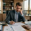 Портрет делового человека европеоидной внешности, внимательно изучающего документы в офисе, символизирующий предпринимателя, для которого предназначен текст. Портрет делового человека европеоидной внешности, внимательно изучающего документы в офисе, символизирующий предпринимателя, для которого предназначен текст.
