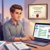 Иллюстрация учебного процесса: человек за ноутбуком, сертификат и значок «Обучение завершено» на фоне. Иллюстрация учебного процесса: человек за ноутбуком, сертификат и значок «Обучение завершено» на фоне.