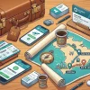 Иллюстрация с изображением деловой поездки: чемодан, билеты, служебный пропуск и карта маршрута, аккуратно разложенные на столе.