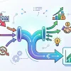 Абстрактная инфографика с диаграммами, счетами и бухгалтерскими проводками, визуально демонстрирующая движение прочих доходов и расходов на счете 91 и их влияние на финансовый результат предприятия