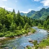 Красивый пейзаж с зелеными лесами, чистой рекой и солнечным небом, иллюстрирующий экологическую составляющую ESG. Красивый пейзаж с зелеными лесами, чистой рекой и солнечным небом, иллюстрирующий экологическую составляющую ESG.
