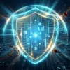 Абстрактное изображение цифровой защиты: щит из света, окружающий и защищающий данные, символизирующий безопасность и надежность антивирусных решений Абстрактное изображение цифровой защиты: щит из света, окружающий и защищающий данные, символизирующий безопасность и надежность антивирусных решений