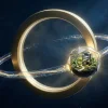 3D-метафора франшизы: бизнес на орбите бренда с потоком роялти между ними 3D-метафора франшизы: бизнес на орбите бренда с потоком роялти между ними