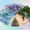 Сюрреалистичная иллюстрация доли рынка: гигантский прозрачный круговой график с миниатюрными мирами в каждом секторе, фигурка изучает свой сегмент через лупу