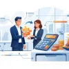 Минималистичная иллюстрация продажи доли в компании: передача элемента пазла и калькулятор Минималистичная иллюстрация продажи доли в компании: передача элемента пазла и калькулятор