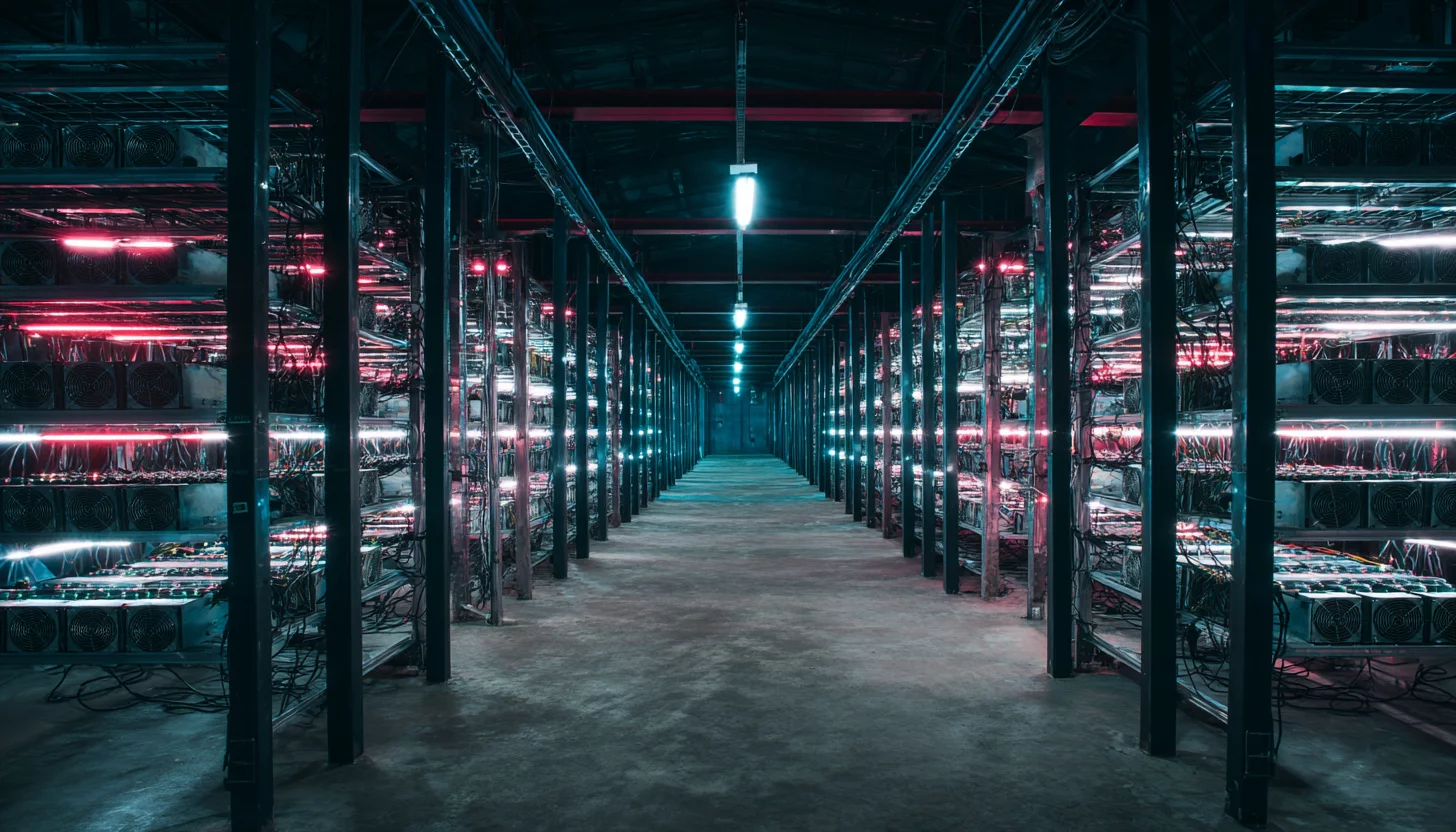 Эстетически оформленная майнинг-ферма с рядами мощных ASIC-устройств, яркими светодиодами и системами охлаждения, создающая атмосферу высоких технологий и инноваций.