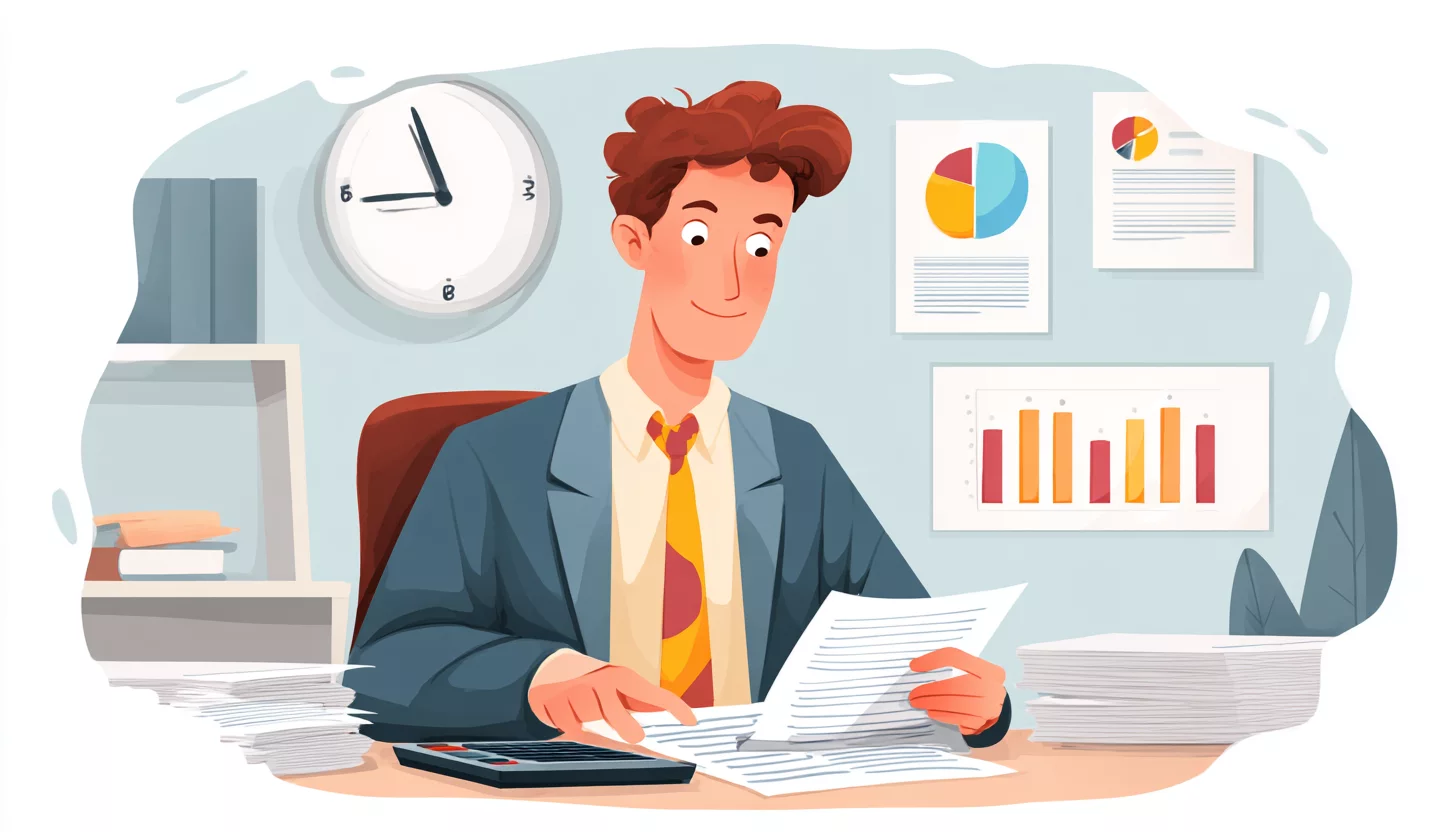 Сотрудник офиса европеоидной внешности в деловом костюме, работающий с отчетами и калькулятором, олицетворяющий исполнителя, который рассчитывает и анализирует финансовые метрики компании.