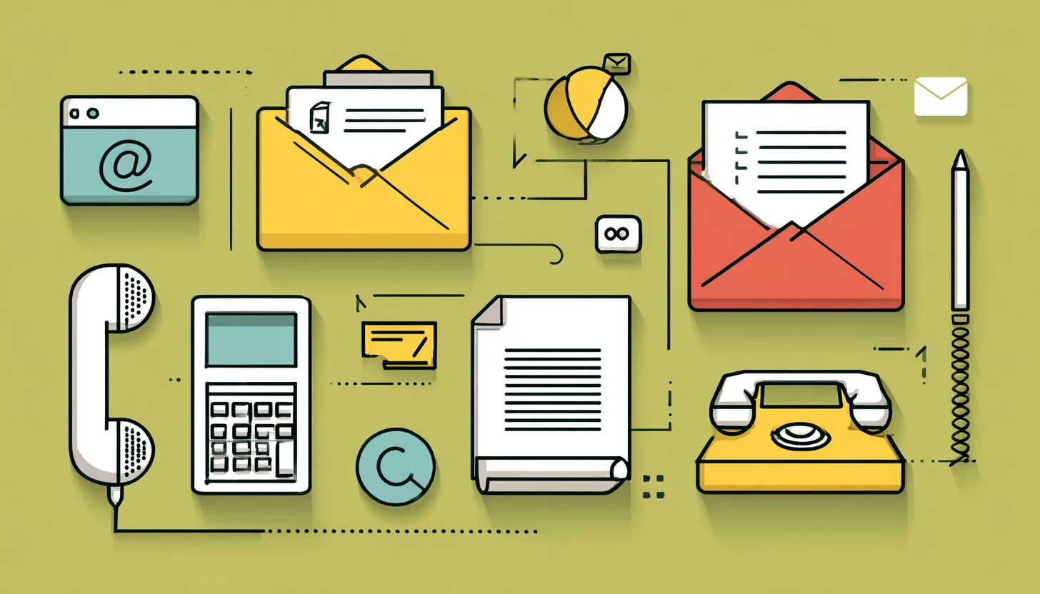 Иллюстрация с цифровыми иконками коммуникаций: электронная почта, телефон, онлайн-сервисы, почтовые конверты и документы, символизирующие современные каналы связи с налоговой Иллюстрация с цифровыми иконками коммуникаций: электронная почта, телефон, онлайн-сервисы, почтовые конверты и документы, символизирующие современные каналы связи с налоговой