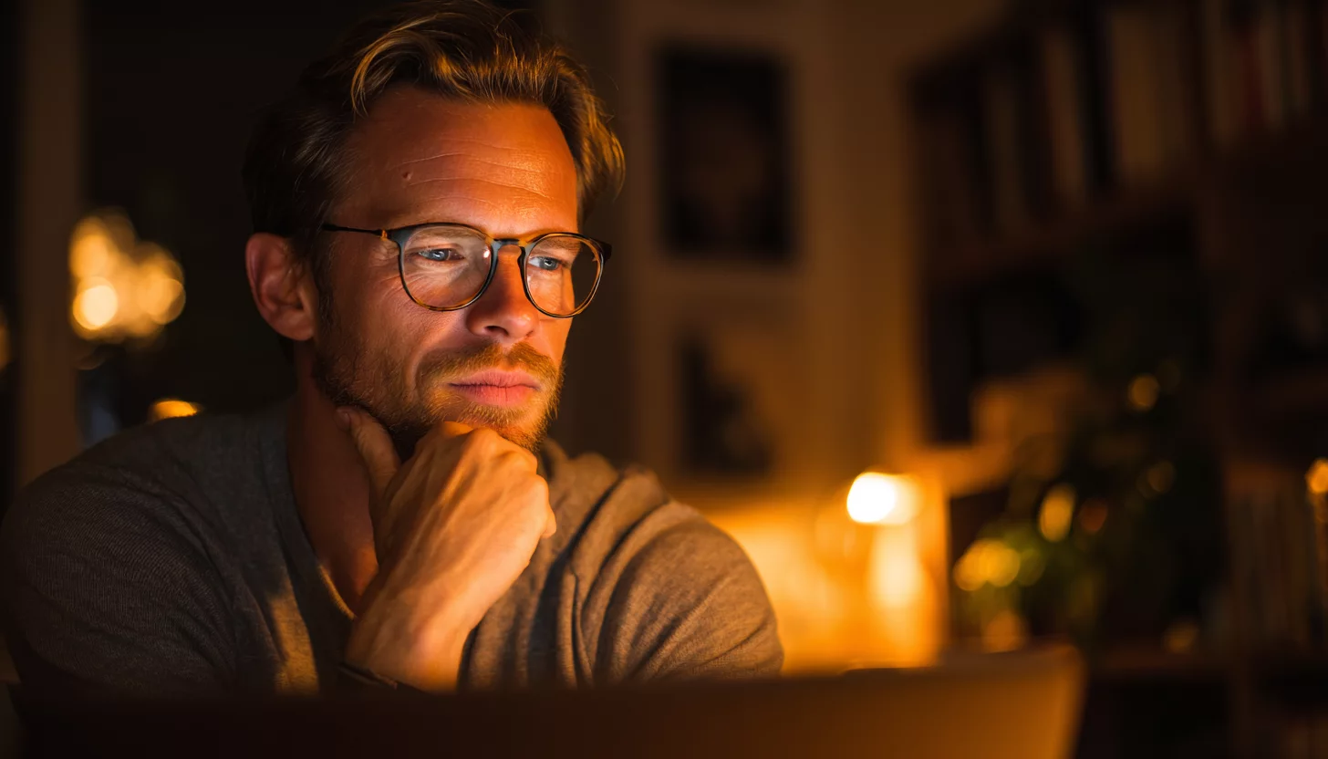 Портрет человека европеоидной внешности, задумчиво читающего деловой материал на планшете или ноутбуке в уютном офисе или домашней обстановке Портрет человека европеоидной внешности, задумчиво читающего деловой материал на планшете или ноутбуке в уютном офисе или домашней обстановке