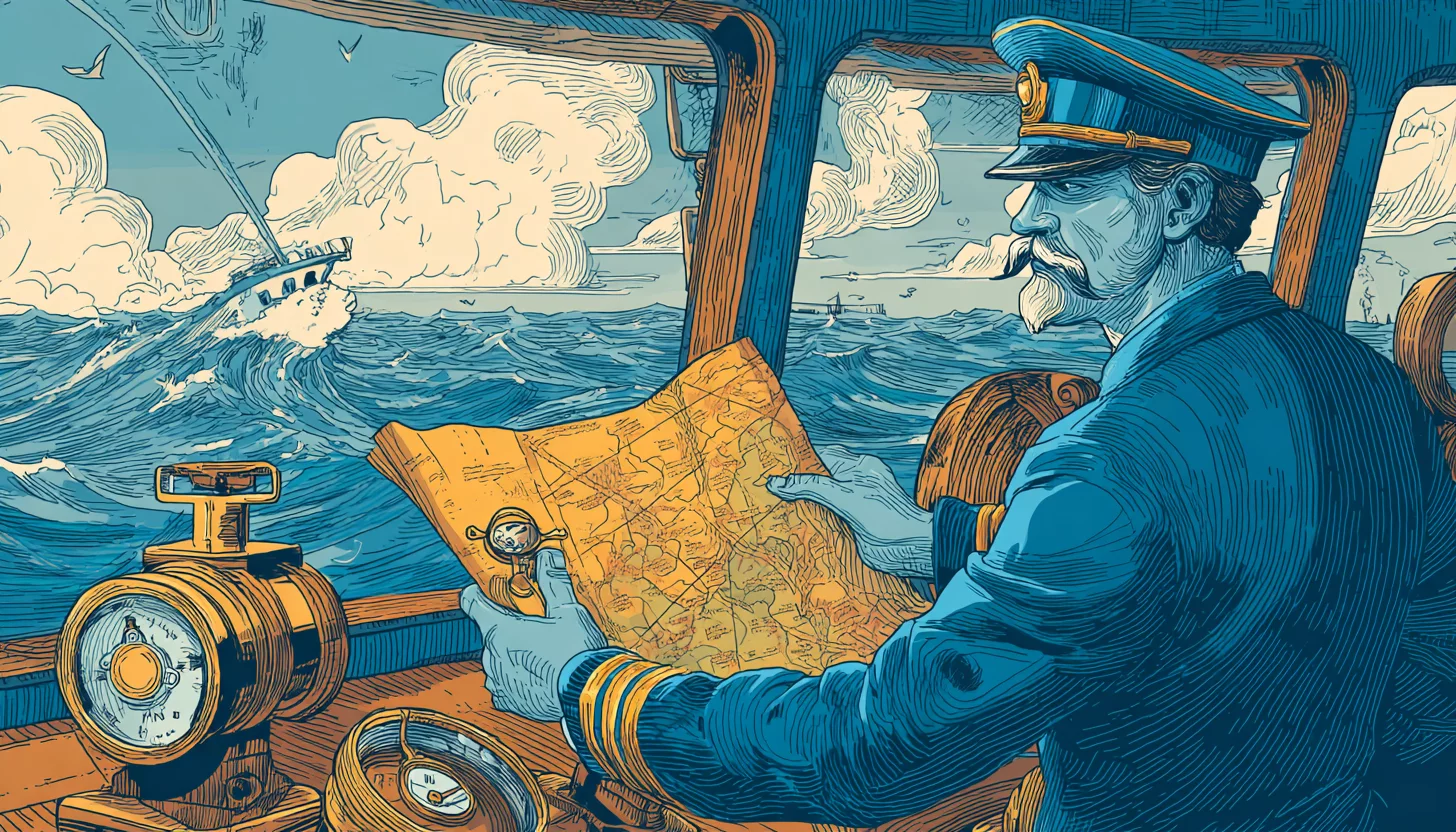 Морской капитан на мостике корабля с картой и компасом в руках, плывущий по бурным волнам, метафорически отражает управление бизнесом и финансовым планированием