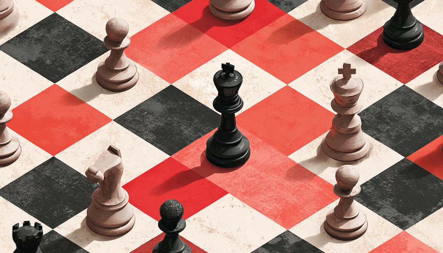 Абстрактная иллюстрация шахматной доски с фигурами, где одна фигура делает стратегический ход, символизирующая необходимость продуманного и стратегического подхода в управлении кризисом.