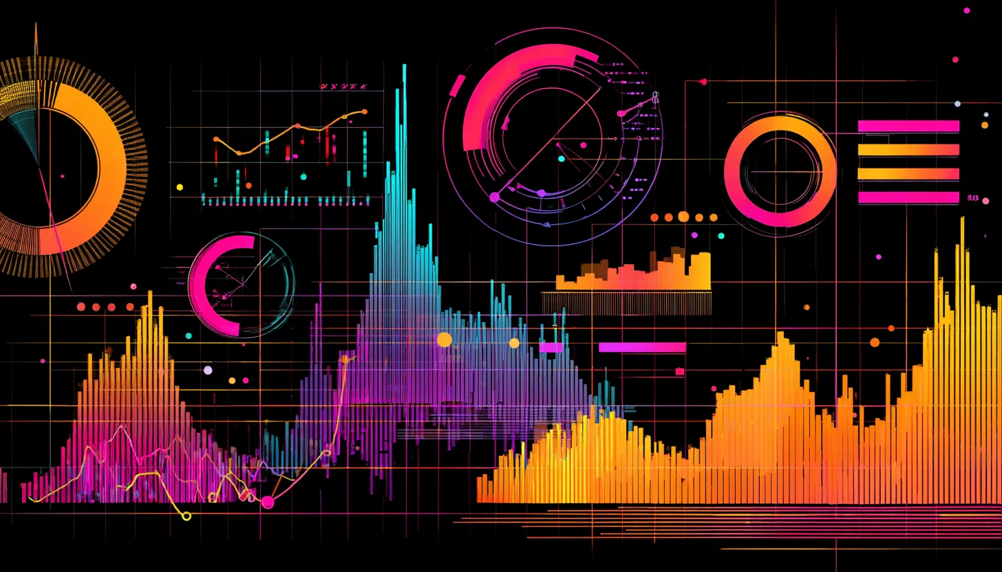 Абстрактная визуализация данных: яркие интерактивные графики, диаграммы и дашборды, символизирующие методы и инструменты бизнес-аналитики.