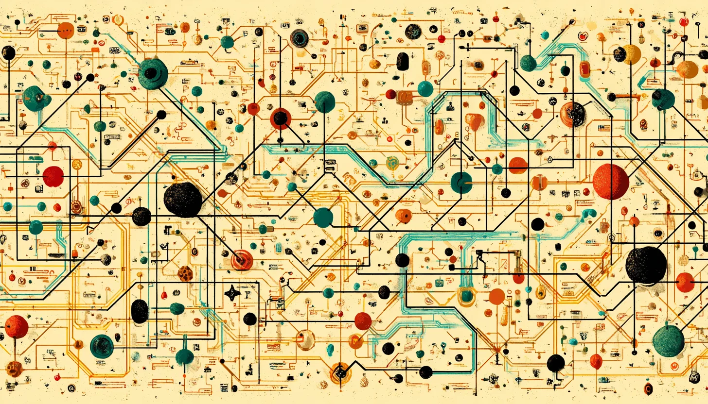 Иллюстрация сложной сети взаимосвязанных элементов и узлов, представляющая системный анализ как «лабиринт» или структуру со взаимозависимостями.