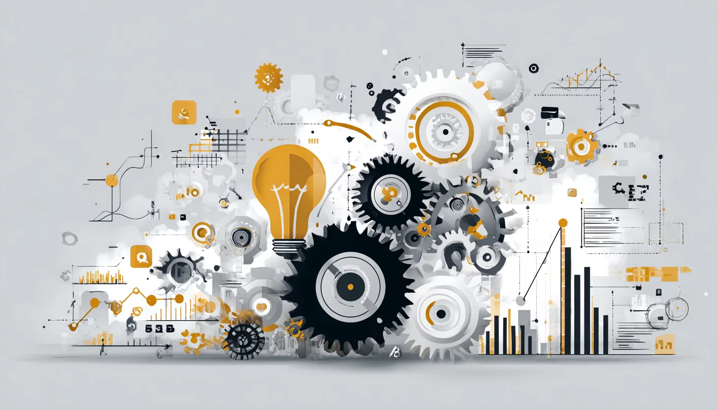 Коллаж из технологических и бизнес-иконок: шестерёнки, лампочки, графики роста и цифровые интерфейсы — символы инноваций, прогресса и развития согласно методологии ТРИЗ.