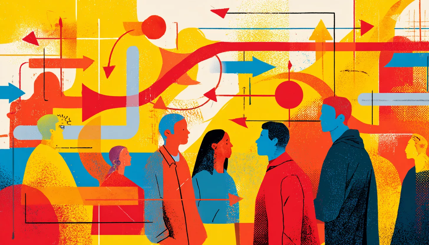 Иллюстрация с диаграммами и стрелками, отражающая динамику командного взаимодействия и поток идей внутри команды, выполненная в ярких и мотивирующих цветах.