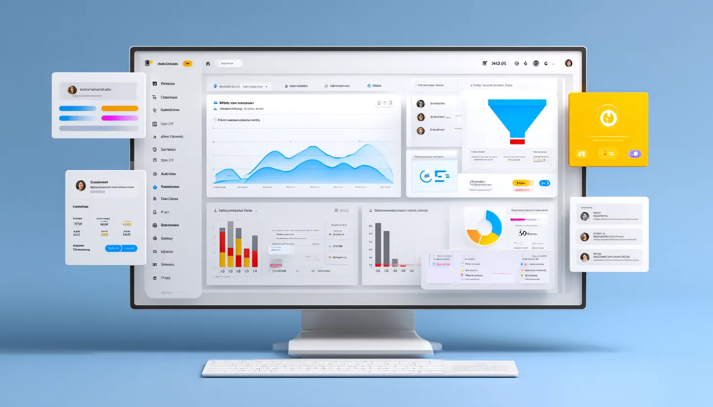 Современный цифровой интерфейс CRM-системы с визуализацией воронки продаж, отчётов и задач на экране монитора с яркими графиками и иконками. Современный цифровой интерфейс CRM-системы с визуализацией воронки продаж, отчётов и задач на экране монитора с яркими графиками и иконками.