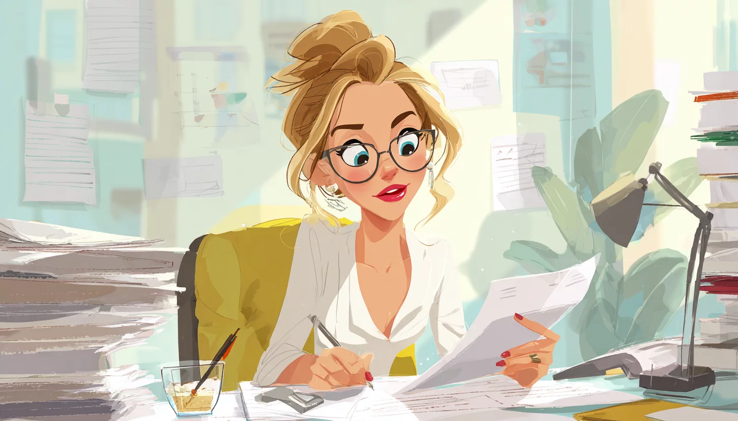 Женщина европейской внешности в офисной среде, сотрудник компании, внимательно рассматривающая документы или чек – потенциальный заказчик или бухгалтер, принимающий услуги самозанятого.