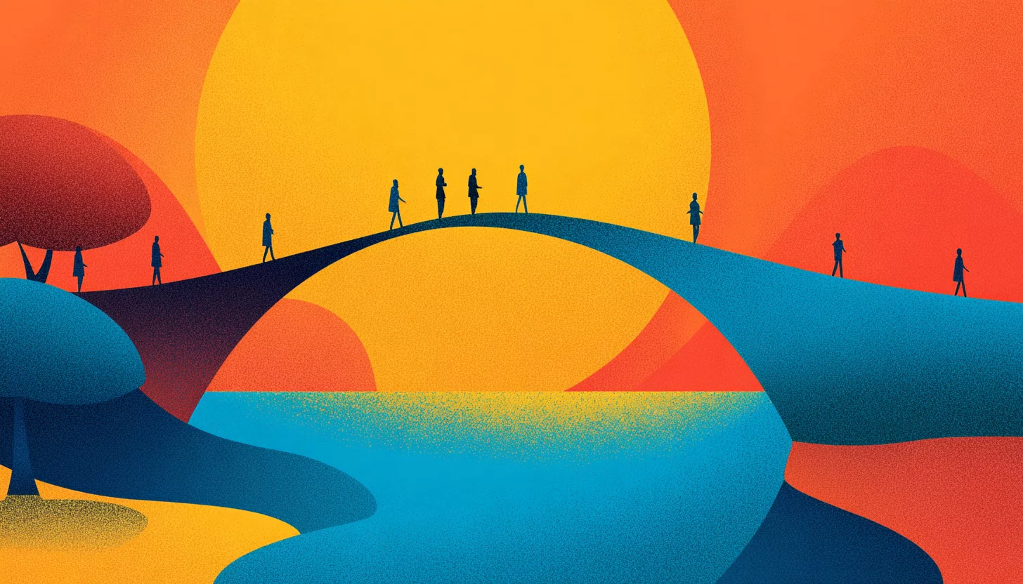 Абстрактное изображение мостa, соединяющего два берега, на котором идут люди, символизирующее диалог, построение взаимопонимания и создание культурной среды, где конфликт становится платформой сотрудничества.