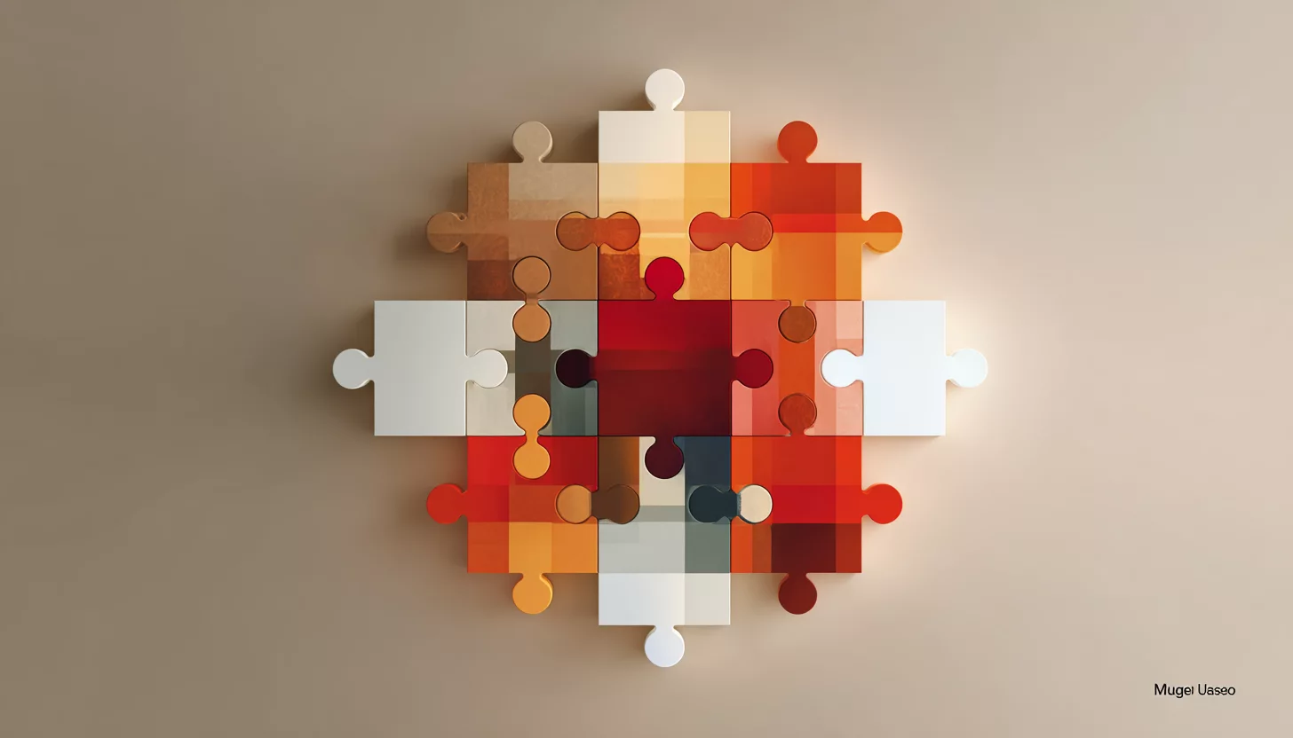 Красивый абстрактный образ «пазла», элементы которого символизируют разные бизнес-процессы и этапы управления кризисом, показывая сложность и многоступенчатость процесса.