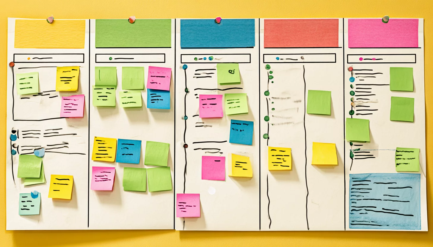Красочно оформленная Kanban-доска с задачами на разноцветных стикерах, визуально подчёркивающая этапы рабочего процесса и контроль выполнения проектов.
