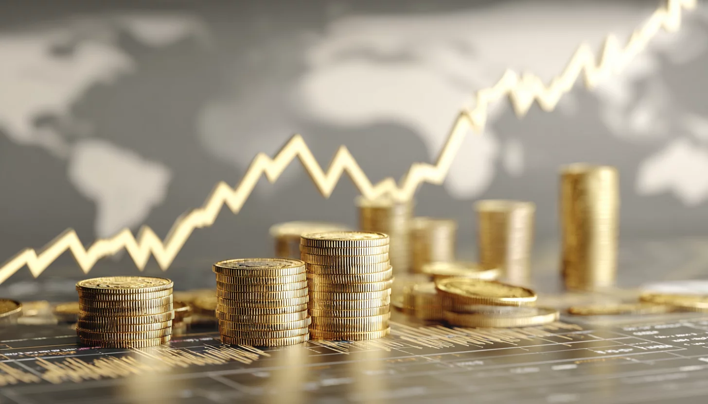 Визуализация с изображением облигаций и финансовых инструментов, окружённых растущими стрелками и экономическими элементами, символизирующая инвестиционные стратегии и перспективы.