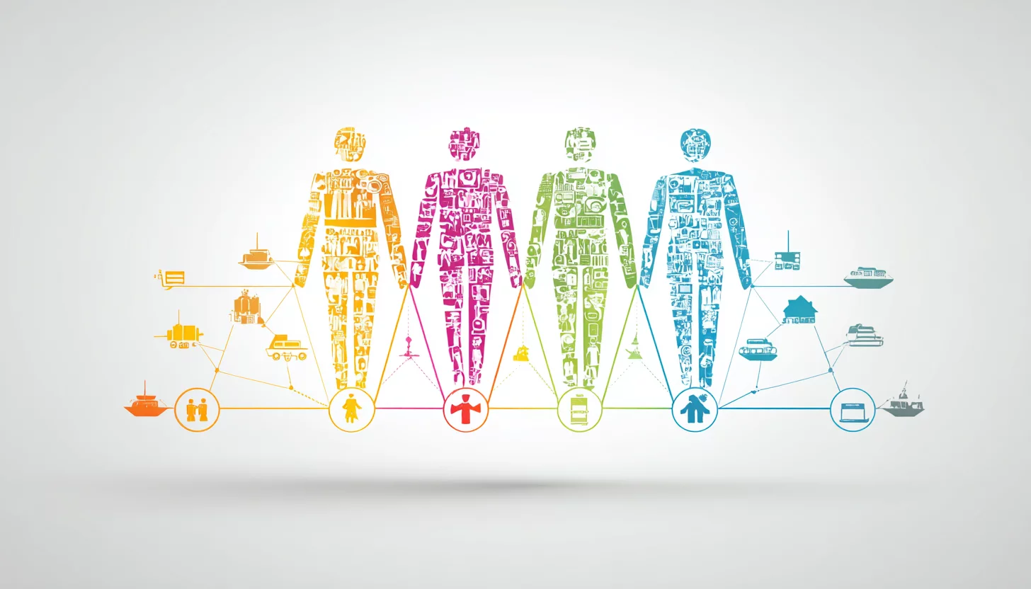 Креативная визуализация команды, состоящей из разноцветных фигур и иконок, взаимосвязанных линиями, символизирующая баланс ролей PAEI и гармоничное управление компанией.