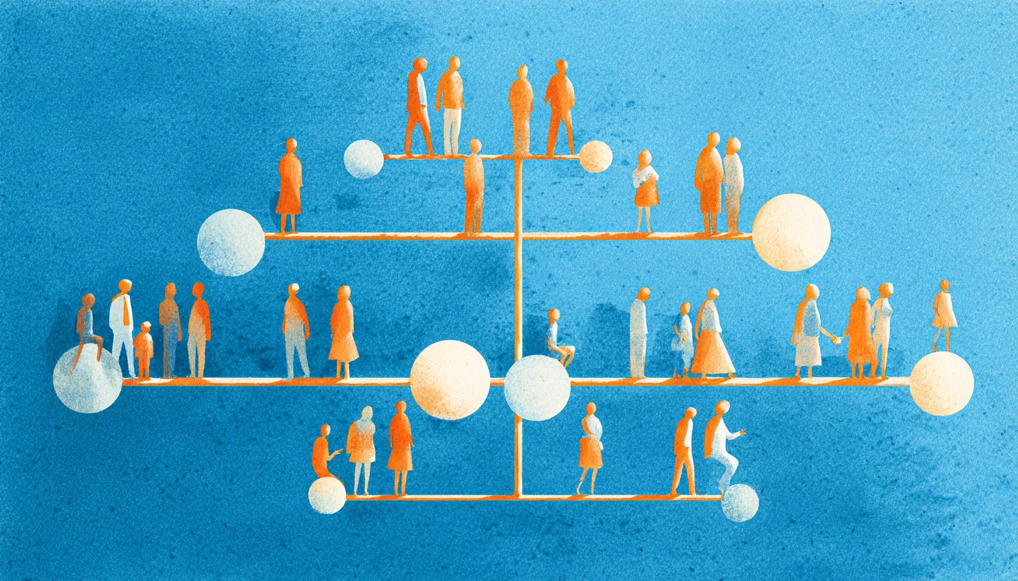 Иллюстрация горизонтальной организационной структуры с группами людей, соединённых линиями, символизирующая самоуправление и коллективную ответственность. Иллюстрация горизонтальной организационной структуры с группами людей, соединённых линиями, символизирующая самоуправление и коллективную ответственность.